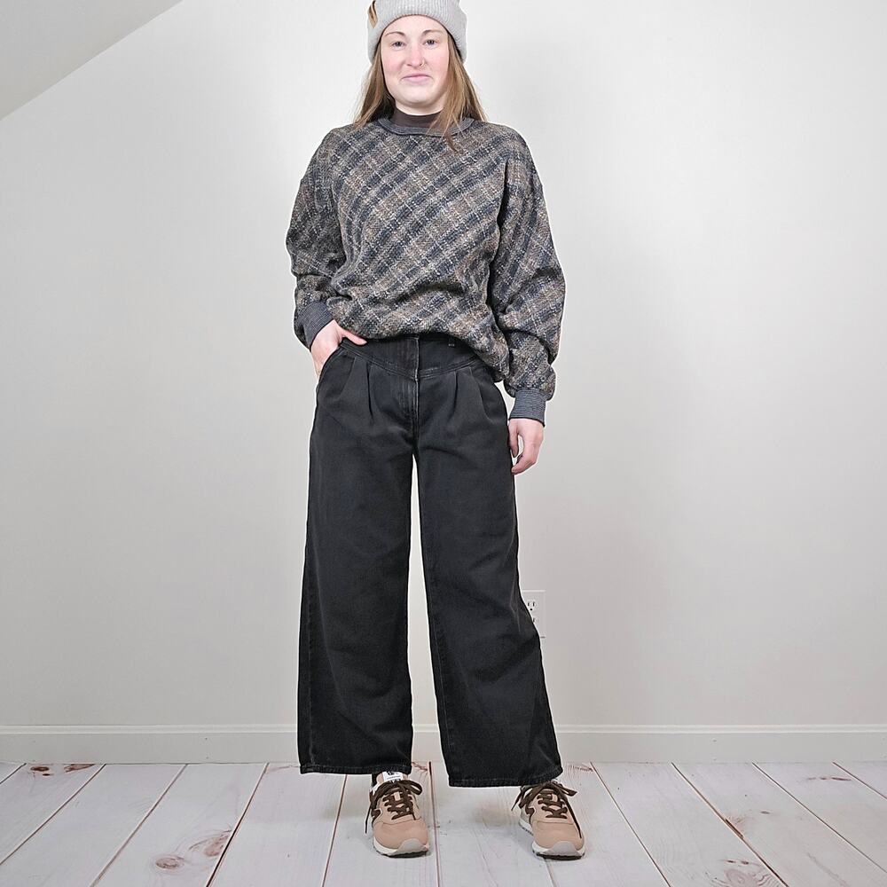 Vintage 80s 90s Plaid Wool Grandpa Sweater Gray Brown Large